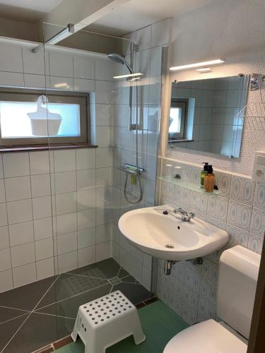 een badkamer met een wastafel en een glazen douche bij vakantiehuisje 003 in Koksijde