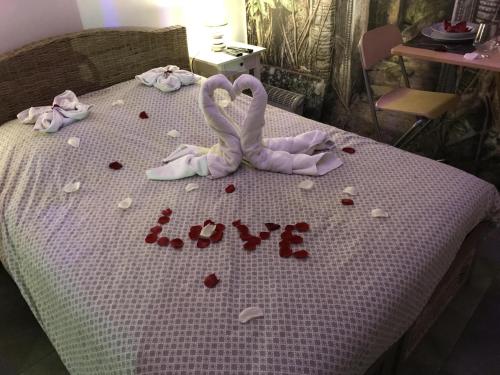 Ein Bett mit Herzen und zwei Schwänen und das Wort Liebe in der Unterkunft Gites N Spa in Tourcoing