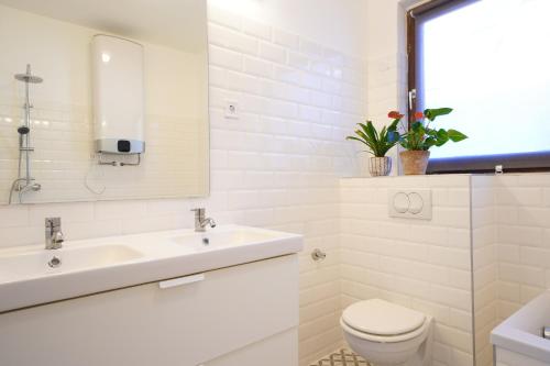 La salle de bains blanche est pourvue d'un lavabo et de toilettes. dans l'établissement Buda Side, à Budakeszi