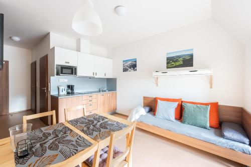 a living room with a couch and a table at Apartmány Rokytka Snowhouse in Rokytnice nad Jizerou