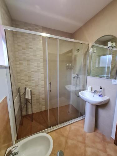 uma casa de banho com um chuveiro e um lavatório. em Apartamento Carvoeiro em Armaes
