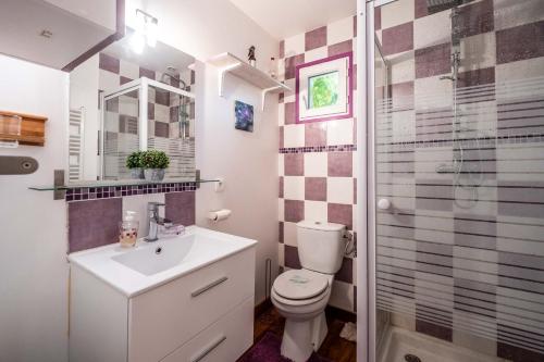 a bathroom with a toilet and a sink and a shower at Le gîte de Maillebois in Maillebois