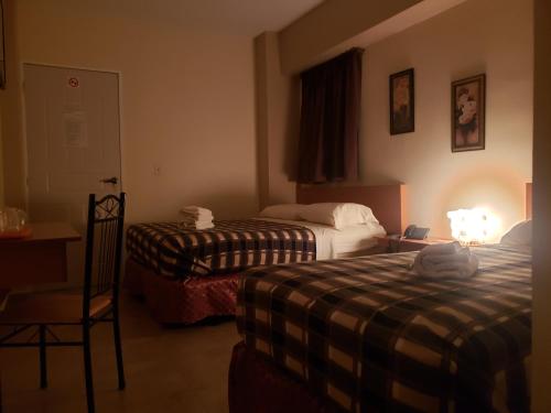 Hotel La Pequena Valencia في فالنسيا: غرفة فندقية بسريرين وكرسي
