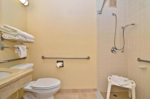 a bathroom with a toilet and a shower at Clarion Hotel Airport in Portland