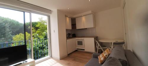 un salon avec un canapé et une grande fenêtre dans l'établissement T 2 MOTTLAND 300 m Plage, à La Grande Motte