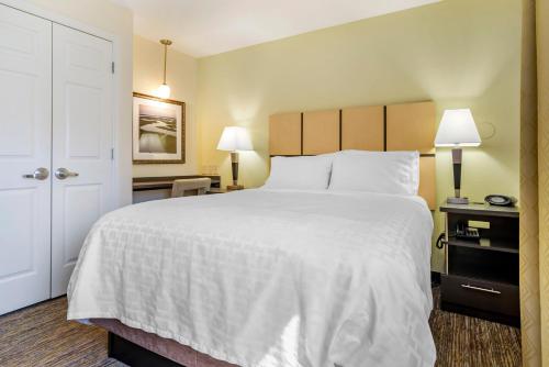 a hotel room with a large bed and two lamps at Candlewood Suites Alabaster by IHG in Alabaster