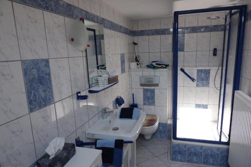 ein Bad mit einem Waschbecken, einer Dusche und einem WC in der Unterkunft Frühstückspension Mayer-Schiller in Bernried