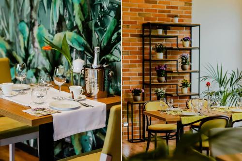 two pictures of a table in a restaurant at Poznań West Hotel - Airport in Poznań