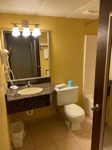 a bathroom with a toilet and a sink and a mirror at OK Hotel in Oklahoma City
