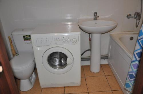 クラスノダールにあるApartaments-Krasnodarの小さなバスルーム(洗濯機、シンク付)