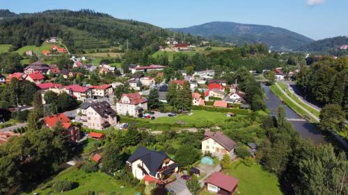 an aerial view of a village in the mountains at Willa Gracja in Wisła