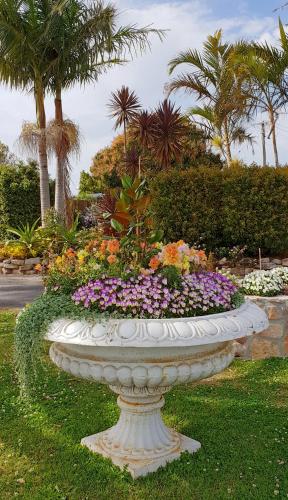a large flower arrangement in a park with palm trees at Fishing Haven Holiday Park in Palmers Island