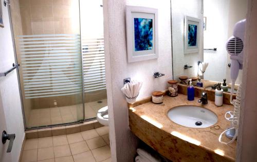 a bathroom with a sink and a shower at Casa Romantica De Playa in Ixtapa