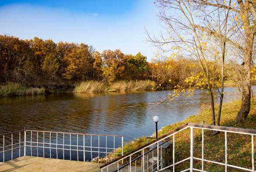 a view of a river with a wooden dock at Kohavi Forest Club in Orlovshchina