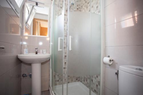 een badkamer met een douche, een wastafel en een toilet bij Hospedaje Los Rosales in Madrid