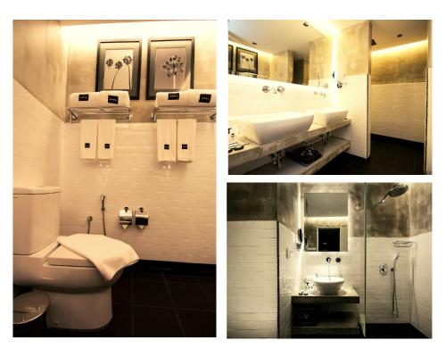 three pictures of a bathroom with a toilet and a sink at Rosa Malacca in Malacca