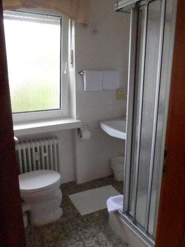 a bathroom with a toilet and a sink and a window at Pension Schneider in Cochem