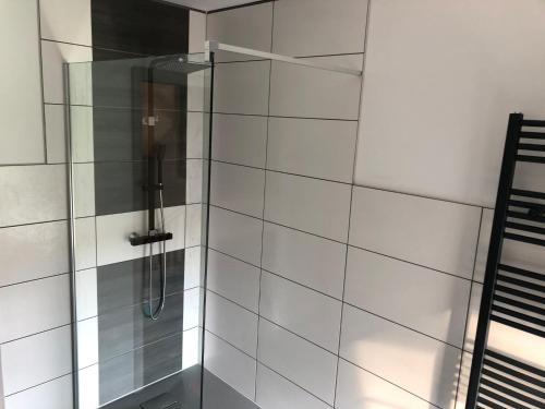 W łazience znajduje się prysznic ze szklanymi drzwiami. w obiekcie Lissy's alte Schmiede 