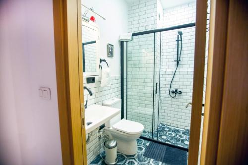 伊斯坦堡的住宿－Flats Company Ajda Apartment，带淋浴、卫生间和盥洗盆的浴室