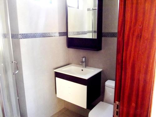 a bathroom with a sink and a mirror and a toilet at West Sand Holidays LICENSED BY THE TOURISM AUTHORITY 09926 in Flic-en-Flac