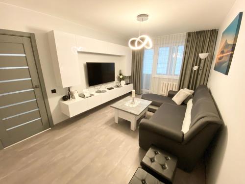 a living room with a black couch and a tv at Studio flat in Panevezys in Panevėžys