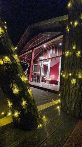 a building with lights in front of it at night at VIP Yellow dream house Sodyba Geras geltona žalia raudona violetinė in Anykščiai