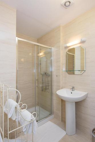a bathroom with a sink and a glass shower at Glencourt Apartments in Dublin