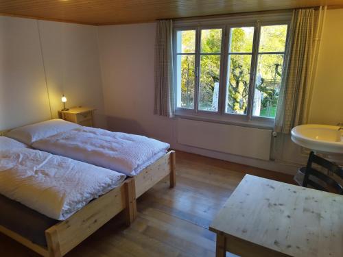 una camera con letto, lavandino e finestra di Gasthaus Meinradsberg a Einsiedeln