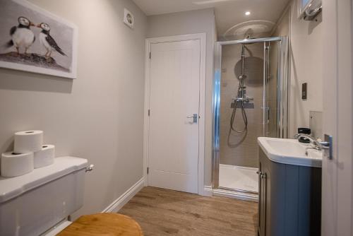 a bathroom with a shower and a sink at Pebble View in Aldeburgh