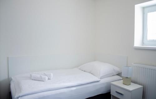 a white bed with two pillows and a window at Penzión Pohoda in Nové Zámky