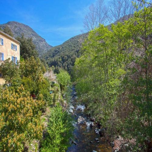 une rivière dans une vallée avec des montagnes en arrière-plan dans l'établissement Les Gîtes du Cap Corse, à Nonza
