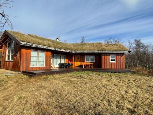 a log cabin with a grass roof on a field at Magnesplass - Dagalifjell in Dagali