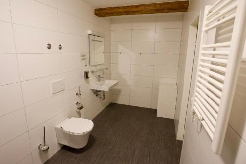 ベネディクトボイアーンにあるZentrum für Umwelt und Kultur - Gästehaus und Jugendbildungseinrichtung im Maierhofのトイレと洗面台を備えた白いバスルーム