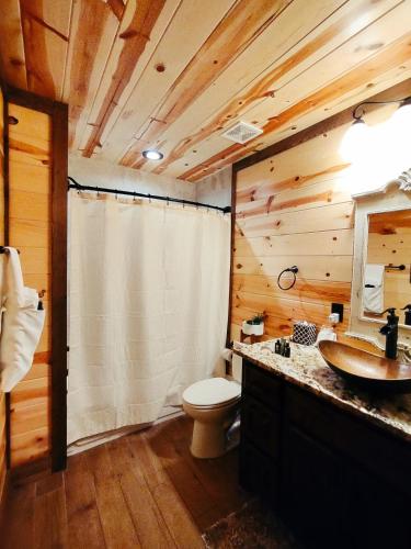 a bathroom with a toilet and a sink at Fishers of Zen - Broken Bow Vacation Cabin in Broken Bow