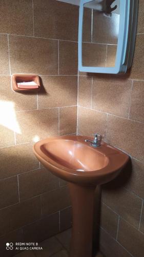 a bathroom with a brown sink and a mirror at Casa de Temporada Serra da Canastra - São Roque de Minas in São Roque de Minas