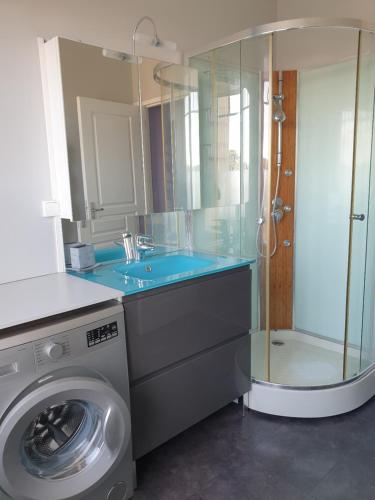 ein Badezimmer mit Waschbecken und Waschmaschine in der Unterkunft Villers sur Mer - Cocon familial, détente, évasion, vue sur mer in Villers-sur-Mer