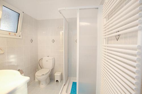 a white bathroom with a toilet and a shower at Teta's house sea view in Marathias