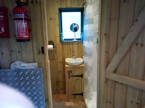 a bathroom with a sink and a window at Lower Haven Shepherds Hut in Bath