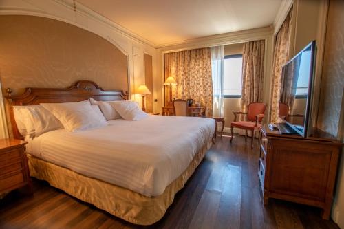 a hotel room with a bed and a television at Hotel Sevilla Center in Seville