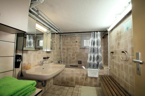 La salle de bains est pourvue d'un lavabo et d'une douche. dans l'établissement ABT - Private Room for 1, à Hanovre