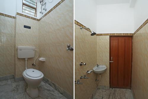 - deux photos d'une salle de bains avec toilettes et lavabo dans l'établissement Kristi Guest House, Shantiniketan, à Santiniketan
