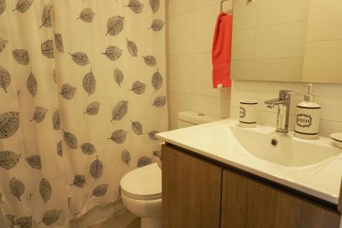 a bathroom with a sink and a toilet and a shower curtain at Ideal para parejas, 1 ambiente in Pucón