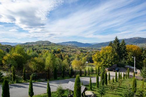 a park with a bench and trees and mountains at Alpina Panoramic in Moisei