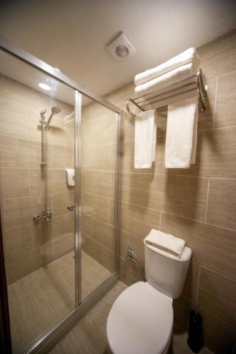 a bathroom with a toilet and a shower with towels at Vefa Konagı in Urfa