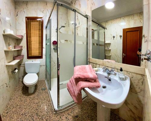 a bathroom with a sink and a shower and a toilet at La Tioca in Cuenca