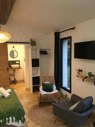 a living room with a couch and a tv at Mazet LEAJO in Eygalières