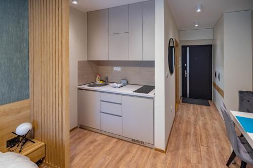 a kitchen with white cabinets and a sink in a room at Omega Apartments in Vrnjačka Banja
