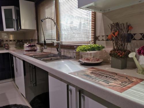 a kitchen counter with a sink and a window at Daffodils in Ajman 