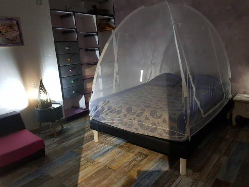een slaapkamer met een hemelbed bij ZENALIZES bungalow calme et confortable in Le Moule