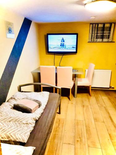 a room with a bed and a table and a tv at VictoryForYou Unterkunft in Linz